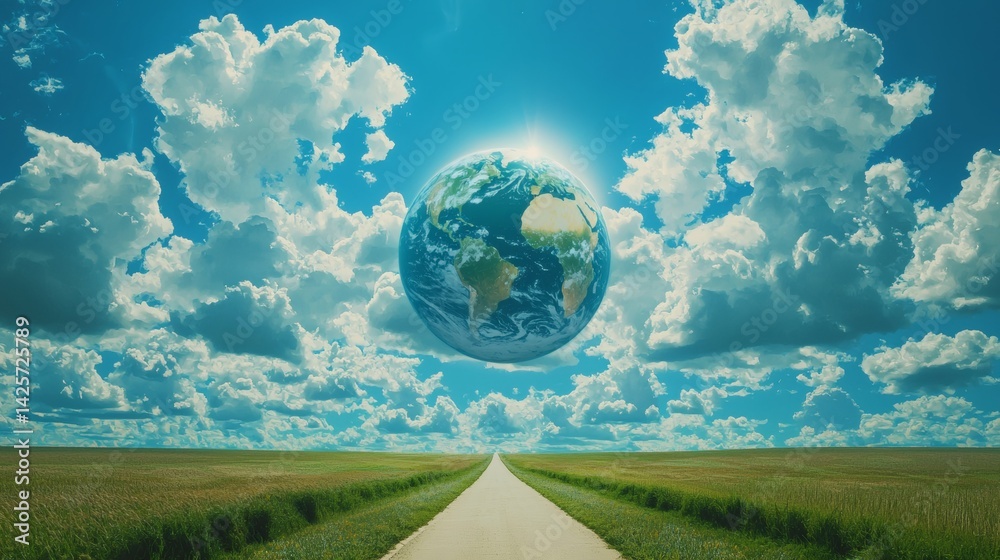 Poster symbolic green wheel morphing into planet earth hovering above a clean road conceptual photography s