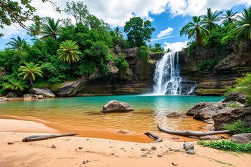 Scenic Waterfall Cascading Amidst Verdant Jungle Into a Turquoise Lagoon