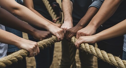 Diverse hands holding a rope symbolizing unity, cooperation, and support