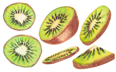 Fototapeta premium Watercolor set of half, slice and piece of kiwi isolated on a white background. Hand drawn watercolor kiwi with seeds, bright green fruit with brown peel. Collection of flying fruits