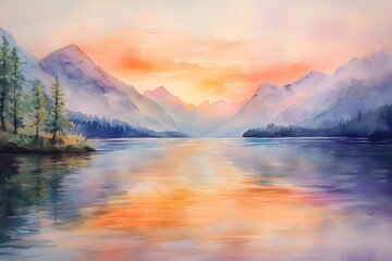 Serene Mountain Lake at Sunset in Watercolor, Generative AI