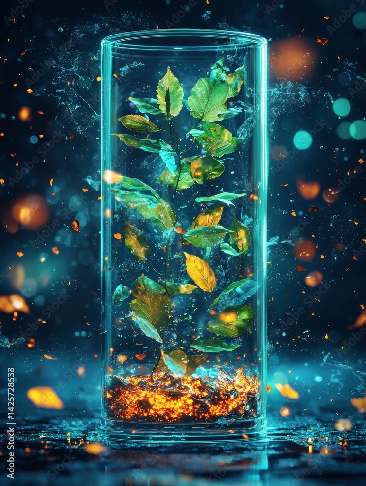 Poster abstract concept of h2 fuel cell sprouting leaves from its core conceptual photography stock photo w