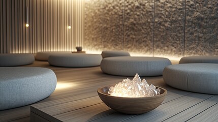 An elegant meditation room with textured fabric wall panels for soundproofing
