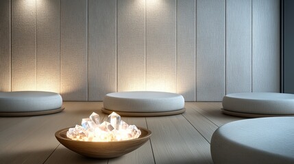 An elegant meditation room with textured fabric wall panels for soundproofing