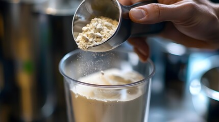 A close-up of a hand measuring protein powder to add into a blender glass. The scene emphasizes healthy living and nutrition, showcasing the ingredients for a protein shake.