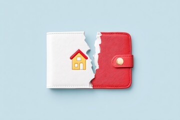 Wallet Icon Splitting Apart With a House Symbol Representing Financial Distress and Housing Issues in Contemporary Times