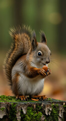 Obraz premium Squirrel holding an acorn in its tiny paws on a mossy tree stump