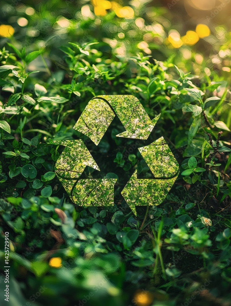 Poster recycled energy icons forming a continuous ring with nature elements conceptual photography stock ph