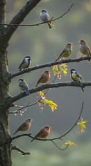 Various birds perched on tree branches