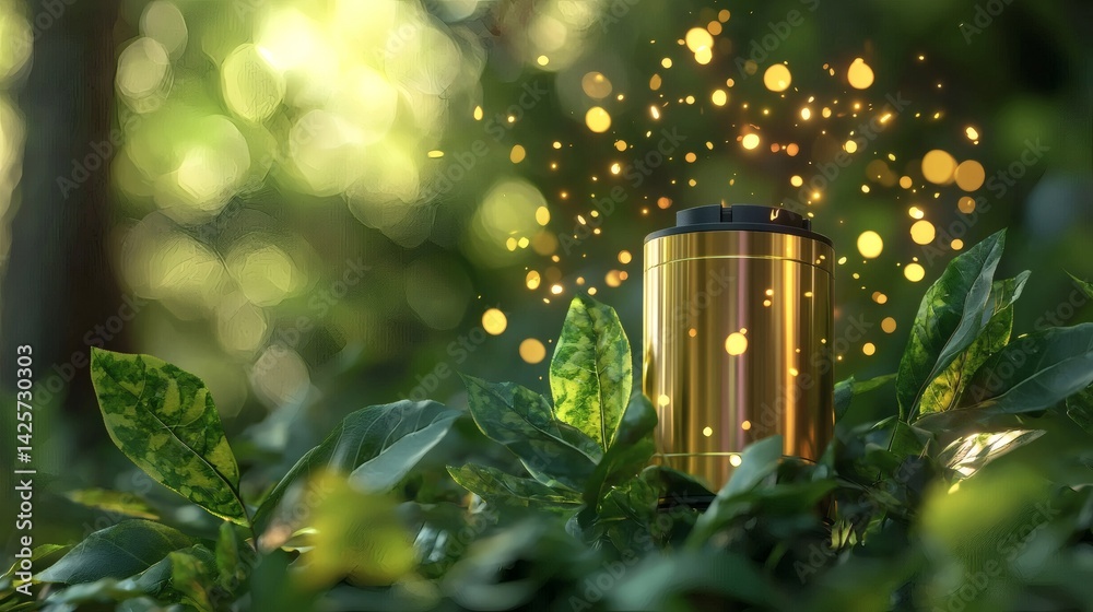 Poster a circular battery symbol powered by natural elements and light particles conceptual photography Stock Photo with side copy space