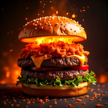 hamburger, Cheeseburger close up with fresh and tasty cheddar cream. with fries isolated hot, craving
