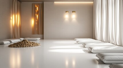An ultra-clean meditation area with pure white polished floors