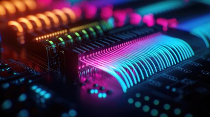 Lights of glowing fiber optic cables with macro soft focusing concept. Colorful close-up of a circuit board showcasing modern technology.