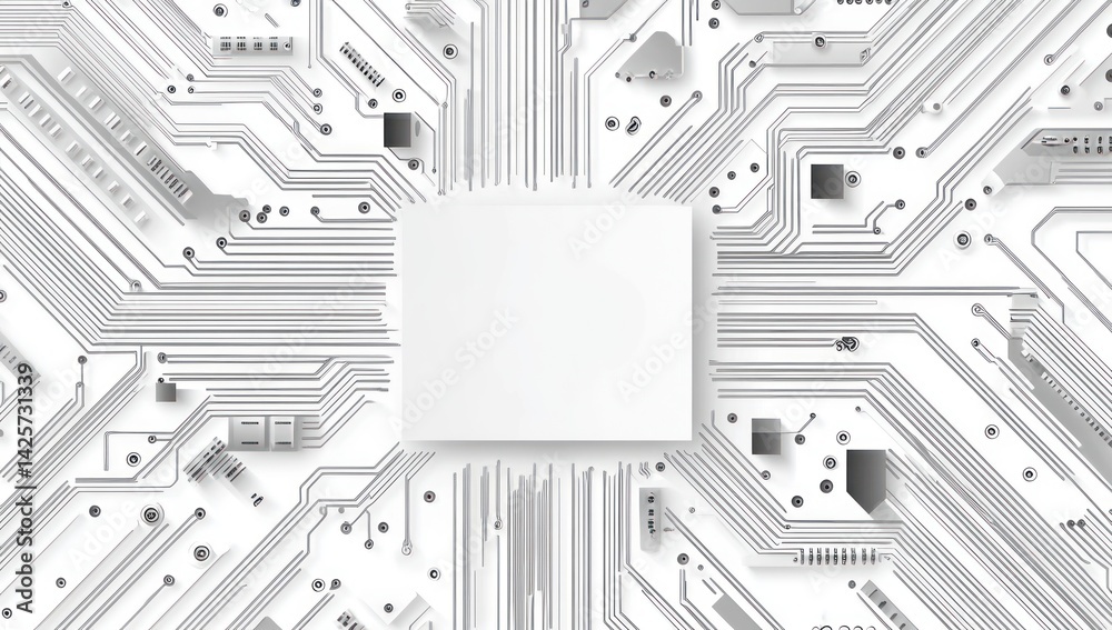 Poster white computer chip with circuit board pattern technology abstract background.