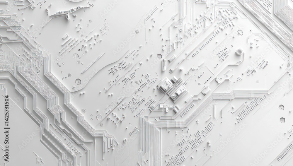 Poster abstract white circuit board pattern background with intricate lines and shapes.