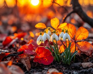 Spring Snowdrops at Sunset in Forest