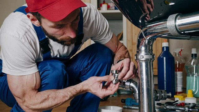 Close-up video shot of a plumber in blue overalls fixing a sink pipe, captured from a low angle, emphasizing focus and concentration.