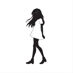 A timeless and elegant silhouette of a girl in a classic black and white, modern flat design.  The two-dimensional figure is posed against a stark white background, showcasing simple shapes