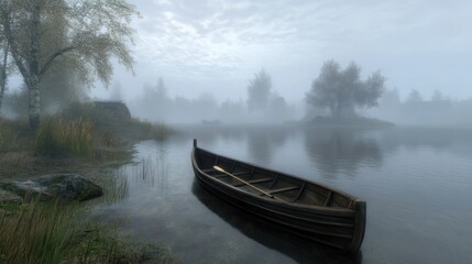 Misty Morning Serenity: A Lone Rowboat on a Tranquil Lake