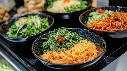 Vibrant Pasta Dishes in Black Bowls on Food Court Style
