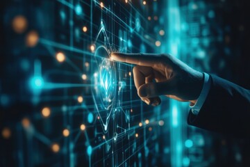 Hand touching a glowing interface with interconnected nodes against a dark background.