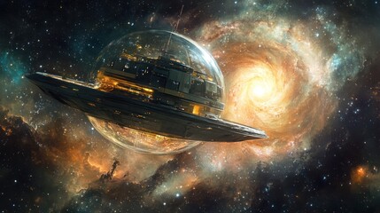 A Futuristic Spaceship Flying Near a Bright and Swirling Galaxy
