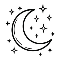 Vector illustration of a crescent moon with several four-pointed stars in a simple black and white line art style. Represents night, celestial bodies, dreams, and a minimalist graphic. © Mr. Designer