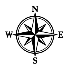 Naklejka premium Vector illustration of a classic compass rose in black and white, showing the cardinal directions (North, East, South, West). Represents navigation, direction, travel, and a simple graphic.