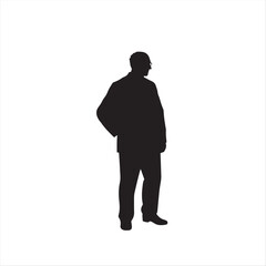 Elegant, timeless silhouette of an old man in a modern flat design style.  Rendered in classic black and white, featuring simple two-dimensional shapes against a white background.eps