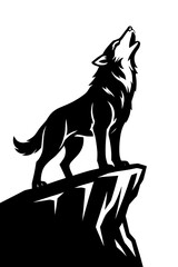 Vector illustration of a wolf howling with its head raised, standing on a jagged cliff, in black and white. Represents wildlife, nature, wilderness, and a dramatic graphic style.