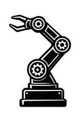 Vector illustration of a mechanical robotic arm in black and white with gears and a claw-like gripper. Represents technology, automation, industry, and a simple graphic.