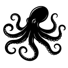 Vector illustration of a black silhouette of an octopus with its tentacles curled. Represents marine life, sea creatures, and a simple graphic.