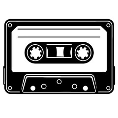 Vector illustration of a classic audio cassette tape in black and white. Represents retro music, vintage technology, and audio storage.