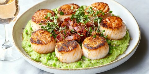 Seafood delight and beverage pairing for summer concept. Delicious seared scallops on a bed of green puree garnished with microgreens