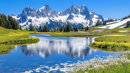 Obraz premium Picturesque alpine lake reflecting snow-capped peaks