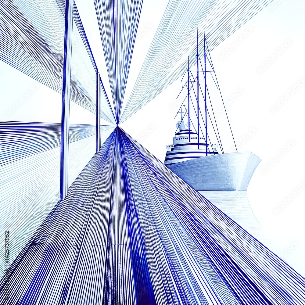 Poster blue line ship: abstract nautical voyage depicted with intricate lines, emphasizing perspective and 