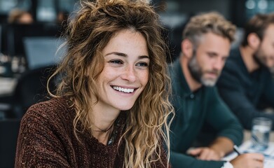 Naklejka premium Happy businesspeople laughing while collaborating on a new project in an office.