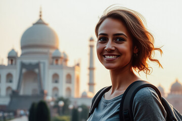 Happy Traveler in Front of Taj Mahal