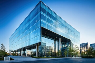 Modern glass office building with blue sky reflecting in windows.