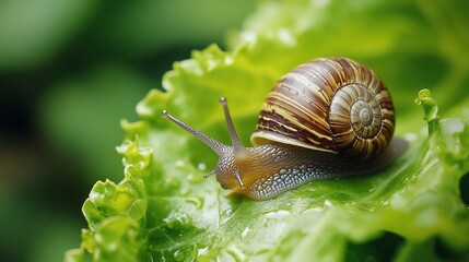 Snail crawling on green lettuce leaf with focus, nature background macro