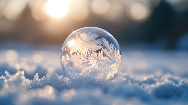 Winter magic frozen soap bubble outdoor landscape nature photography morning sunlight close-up crystal patterns - Powered by Adobe