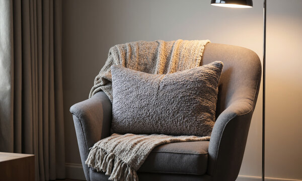 Soft woolen throw blanket draped over the back of a mid-century modern chair, with a cozy knitted cushion resting