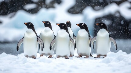 Fototapeta premium Gentoo penguins in snowy landscape