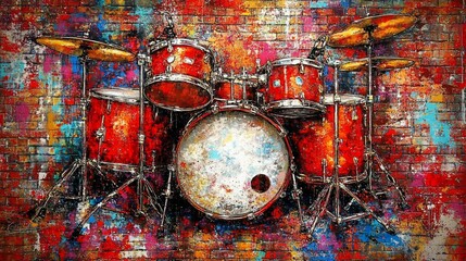 Red drum set painting with colorful, textured background
