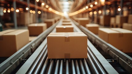 Boxes Move on Conveyor Belt in Warehouse - Logistics and Supply Chain Efficiency