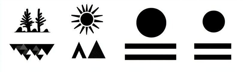 Modern illustrations featuring simple line styles, bohemian abstract prints, and natural landscapes with mountains and hills, stairs, and mystical elements, including logo design and print templates