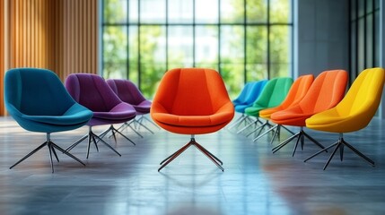 Colorful modern chairs arranged in circle inside contemporary office space.