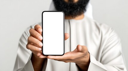 Bearded Arabian Man with White Saudi Dress is Holding Smartphone with White Blank Screen Mockup : Suitable for Be Used in Content Related to Technology Theme.
