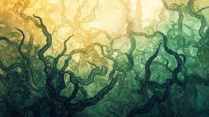 Dynamic pattern of twisting vines and roots dissolving into abstract gradients