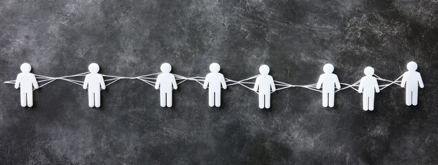 Paper cutouts of people holding hands on a dark textured background.